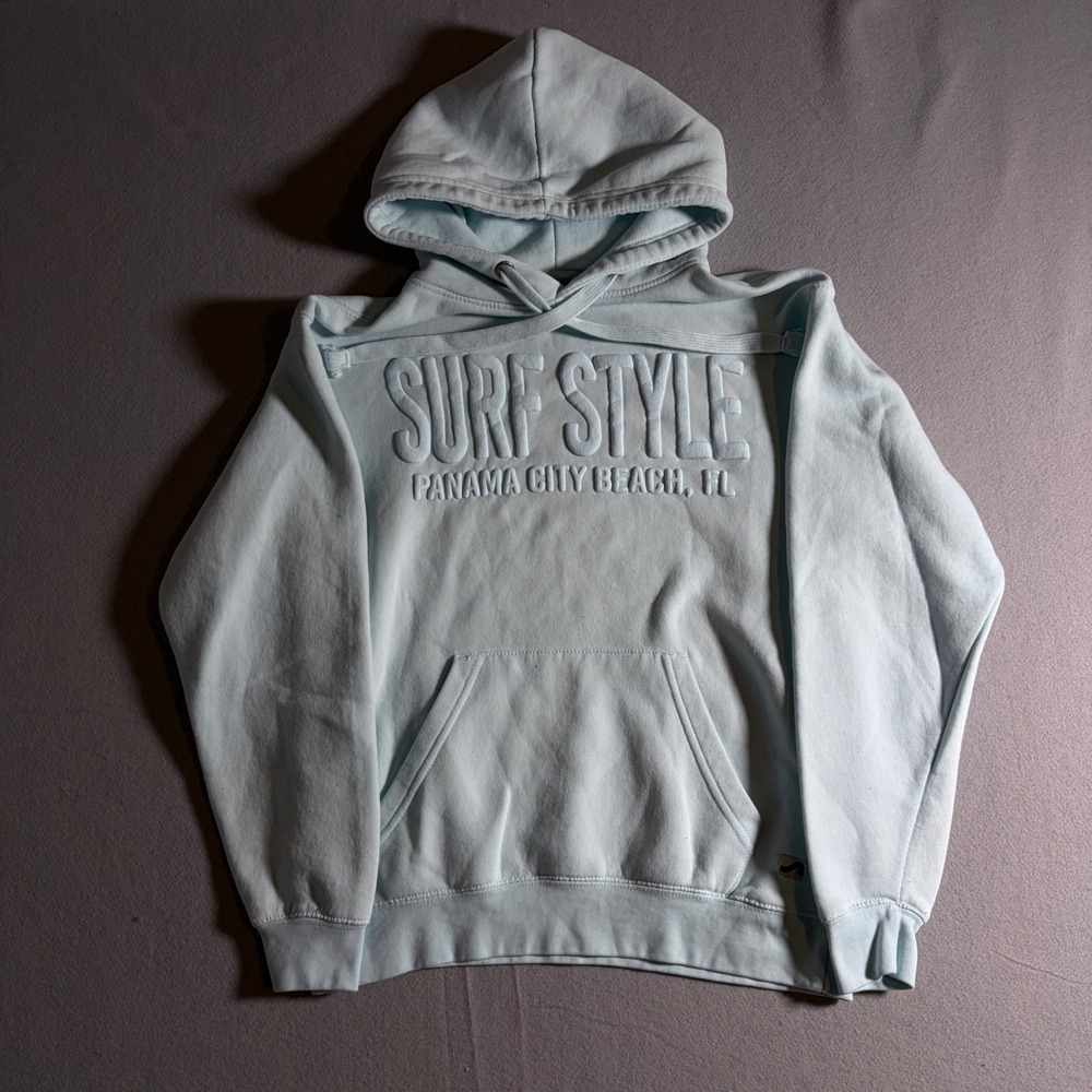 Surf Style Panama City Beach FL Hoodie Light Blue Embossed Pullover Small